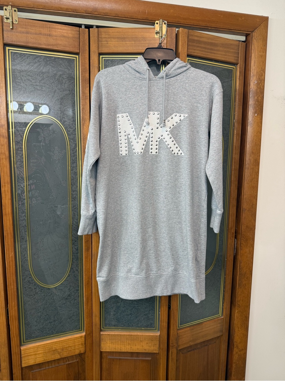 Michael Kors Ladies Light Gray Studded MK Hooded Sweatshirt Dress, EUC